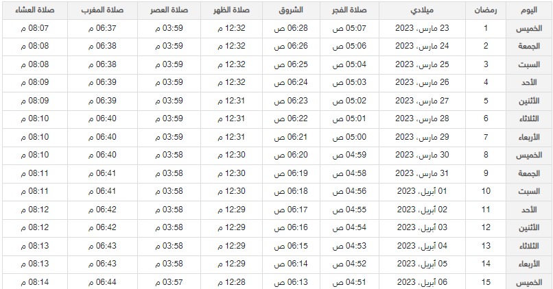 امساكية رمضان في الشارقة لعام 1444 / 2023