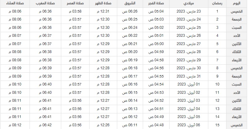 امساكية رمضان في راس الخيمة لعام 1444 / 2023