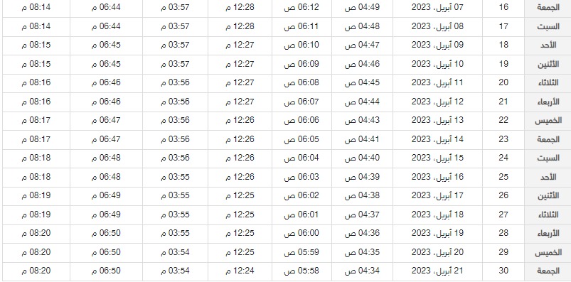 امساكية رمضان في عجمان لعام 1444 / 2023 