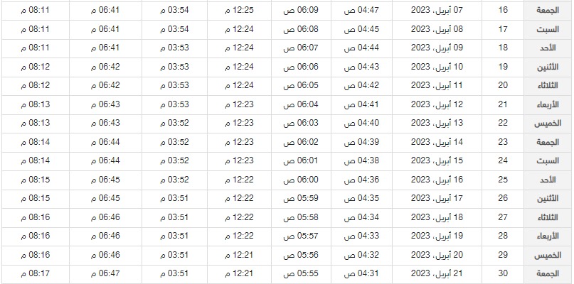 امساكية رمضان في الفجيرة لعام 1444 / 2023